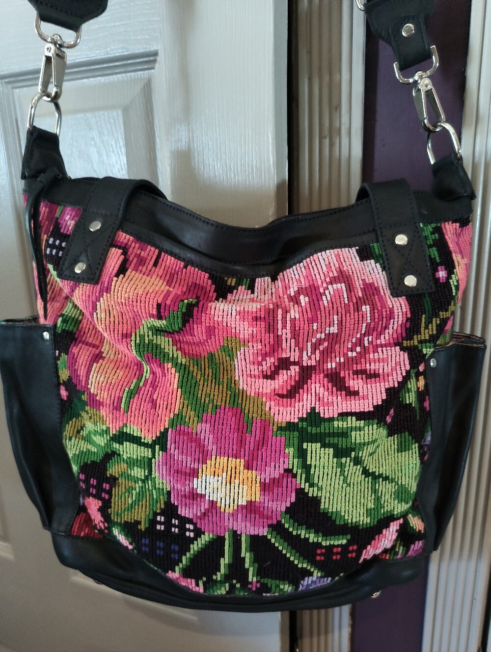DC Black Lamb Floral Shoulder Bag with Removable Strap - Pink & Green